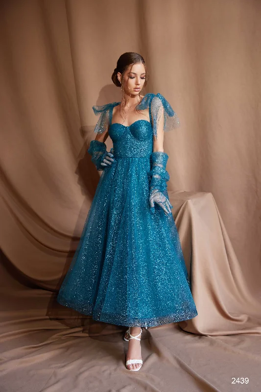 Corset Tulle Midi Dress with Tie-On Shoulders and Gloves