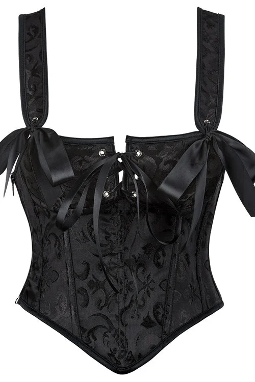 Black Lace-Up Bow Tie Floral Bustier Corset Top