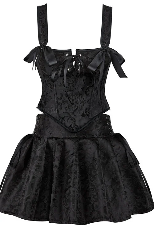 Black Straps Floral Prints Lace-Up Bustier Corset Top with Skirt