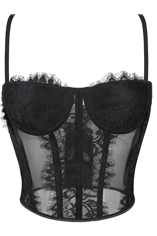 Black Straps Eyelash Lace Sheer Bustier Corset Top