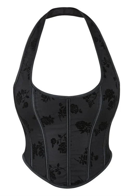 Black Jacquard Halter Lace-Up Bustier Corset Top