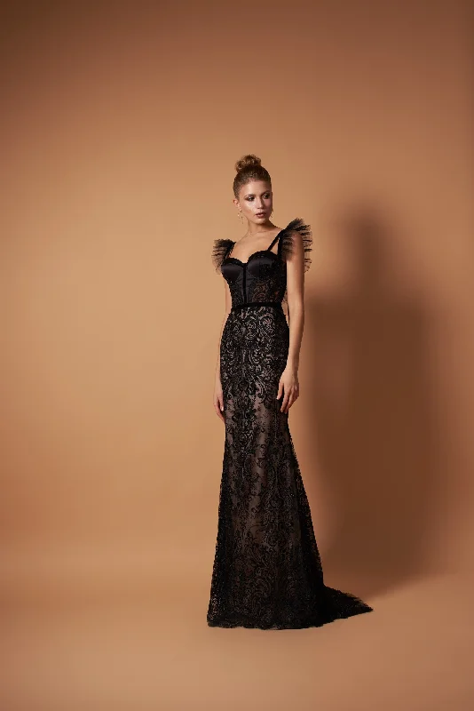 Black Couture Gown With Ruffled Shoulders