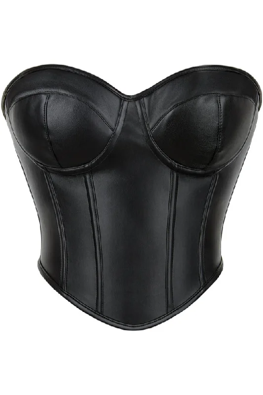 Black Strapless Lace-Up Leather Boned Bustier Corset Top