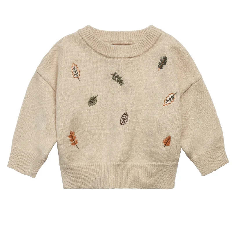 Baby Neutral Light Beige Embroidered Leaves Sweater