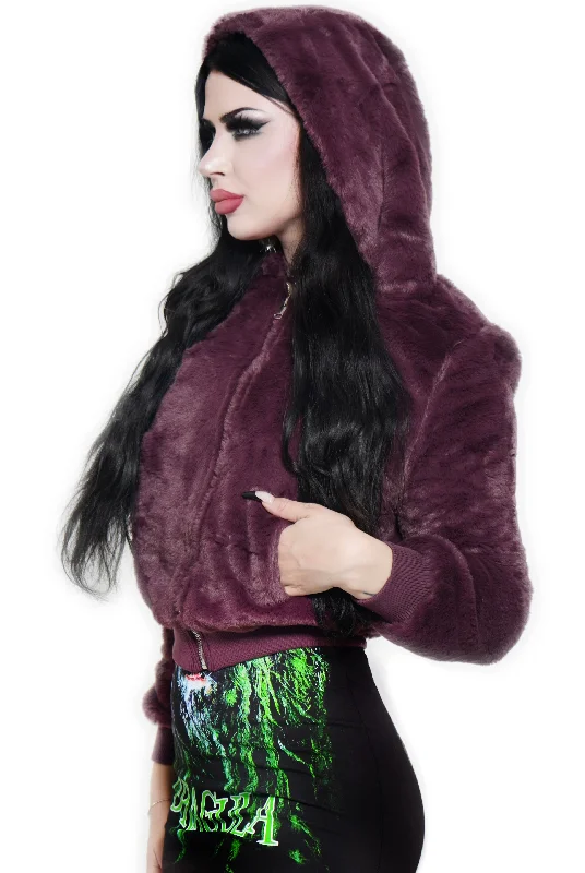 Wine Color Faux Fur Zip Up Hooded Jacket