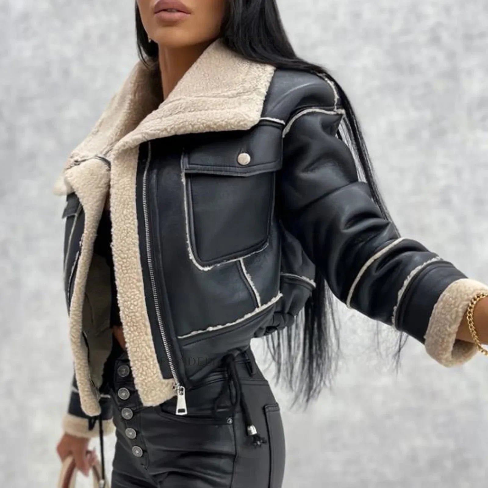 Autumn Lambswool Warm Faux Leather Motorcycle Jacket