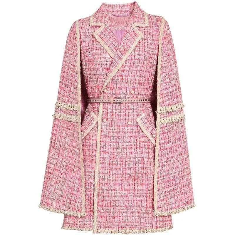 Autumn winter cloak coats double breasted pocket Belted Warm Pink Jackets