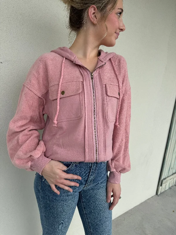 Flap Pocket Drawstring Hooded Jacket - Pink