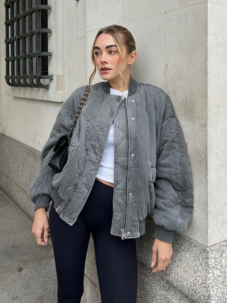 Grey Quilted Padded Bomber Vintage Jacket