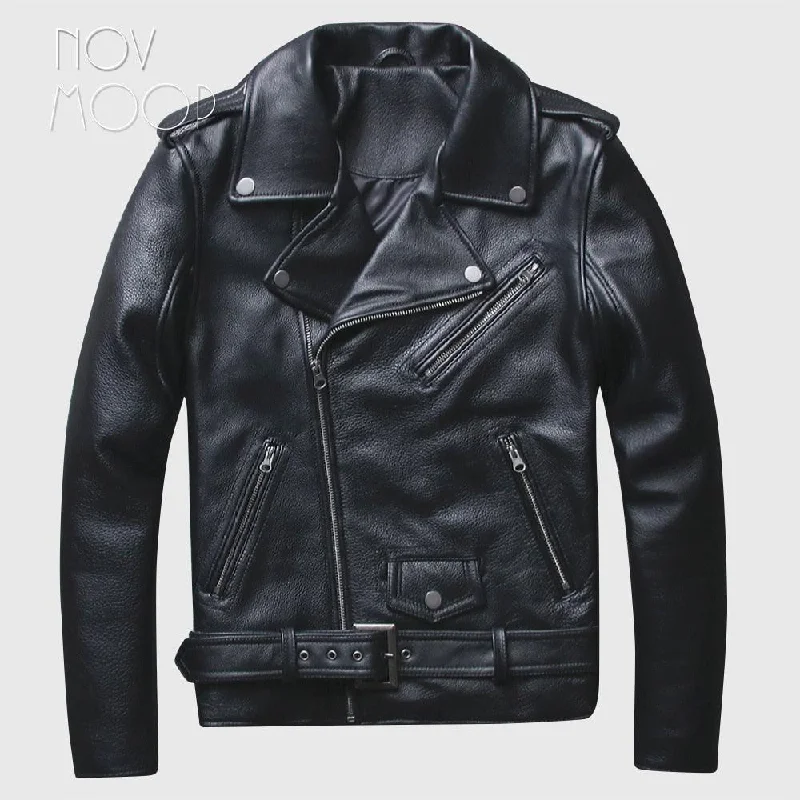 Men Off-center Zipper Black Genuine Leather Cowskin Motorcycle Biker Jackets