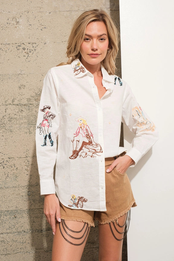 BLUE B Western Cowgirl Motif Button Up Linen Shirt Blouse