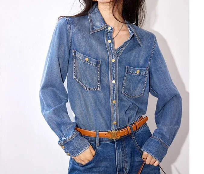 Women's Classic Simple Denim Shirt Loose Button Front Pockets High End Blouse