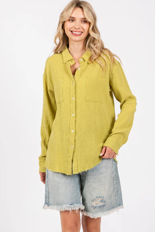 Lime Front Pocket Fringe Hem Button Up Shirt