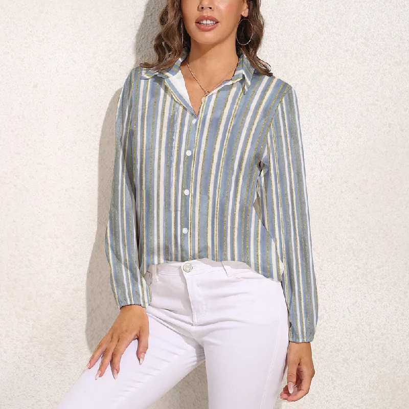 Women's Stripe Print Button Front Long Sleeve Collar Elastic Cuff Vintage Casual Fashion Shirt Top Blouse