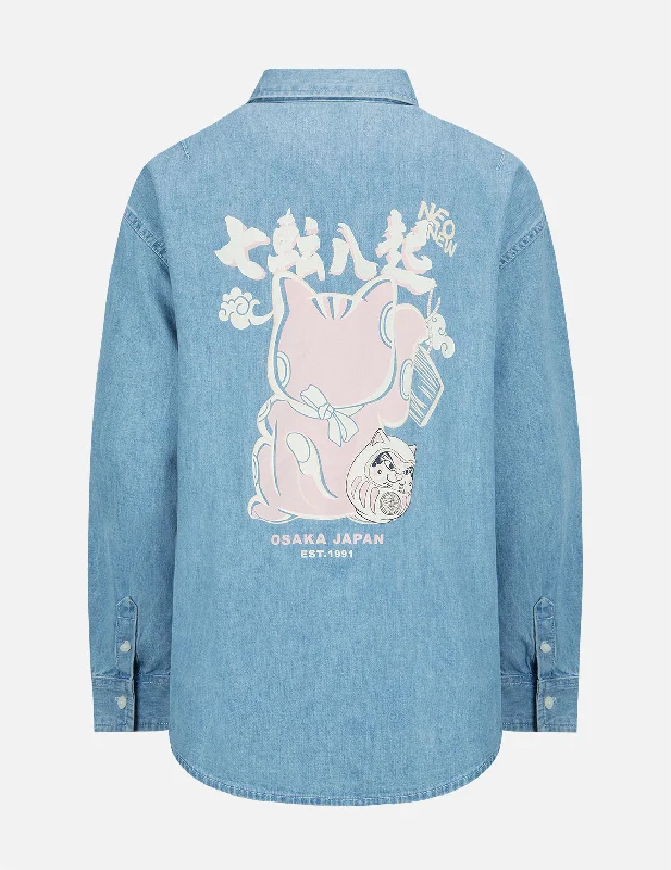 Fortune Cat with Daruma Print Denim Shirt