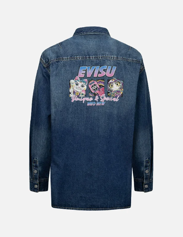 Logo Embossed Pocket and Multi-Print Boyfriend Denim Shirt