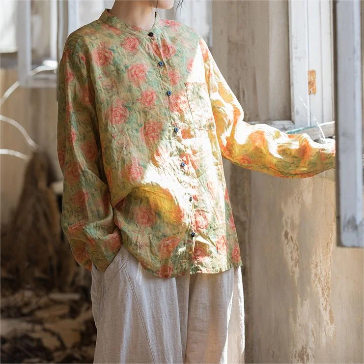 Spring Linen Long Sleeves Retro Floral Printed Shirt