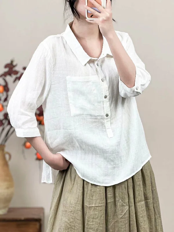 Women Linen Solid Color Retro Shirt