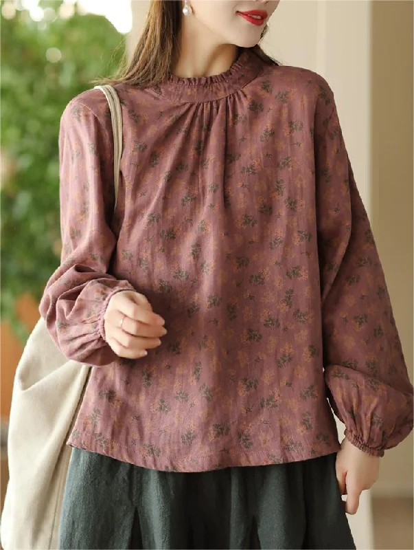 Women Reversible Double-Layer Floral Ruffled Cotton Shirts