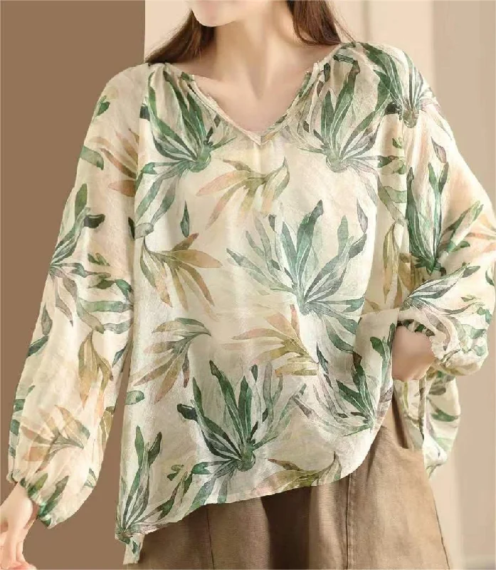 Women Summer Linen Retro Floral Printed Shirt