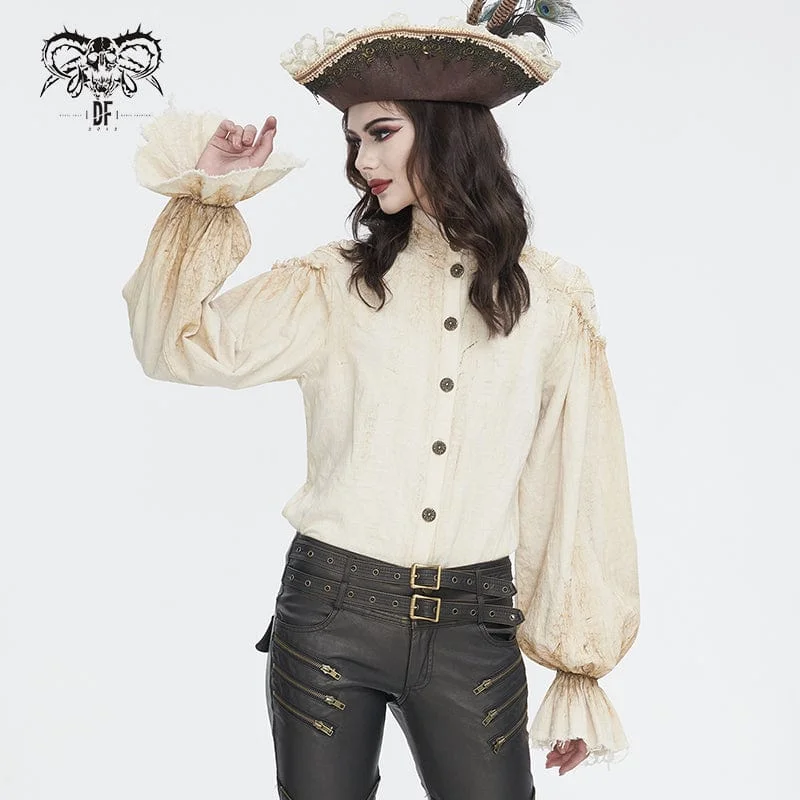 Women's Steampunk Stand Collar Puff Sleeved Beige Shirt