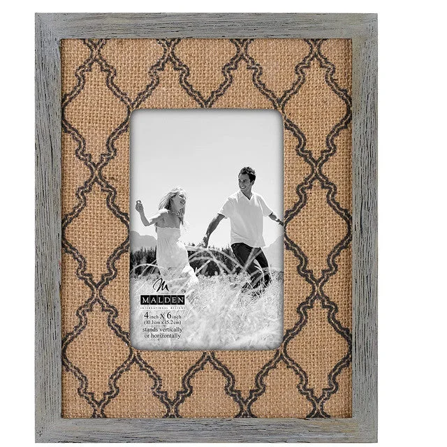 Malden Bainbridge Burlap Distressed Wood with Lattice Silkscreened Mat 4"x6" Photo Frame