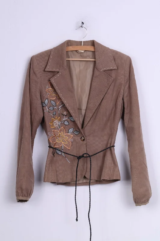 O By Isabell Kristensen Women L (M) Blazer Beige Corduroy Embroidered Flowers Top