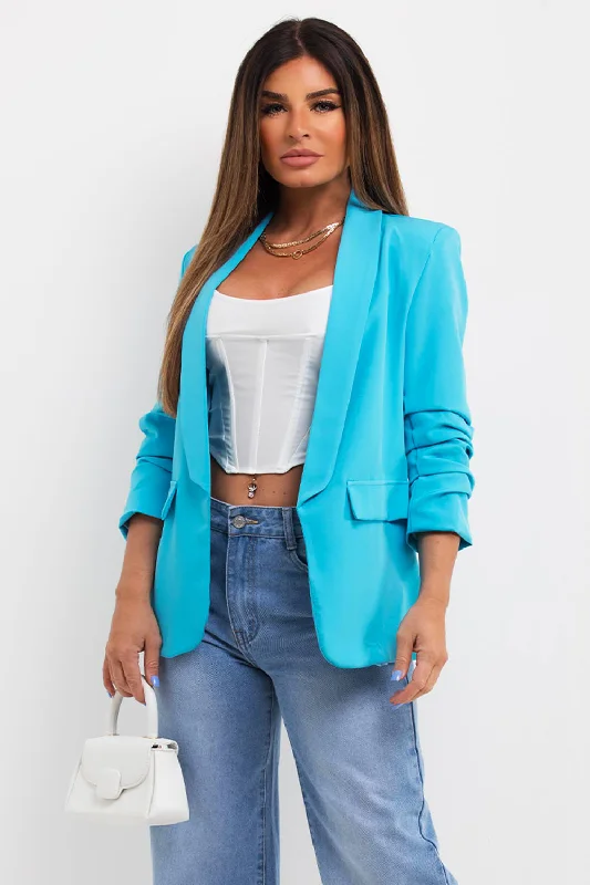 Turquoise Ruched Sleeve Blazer