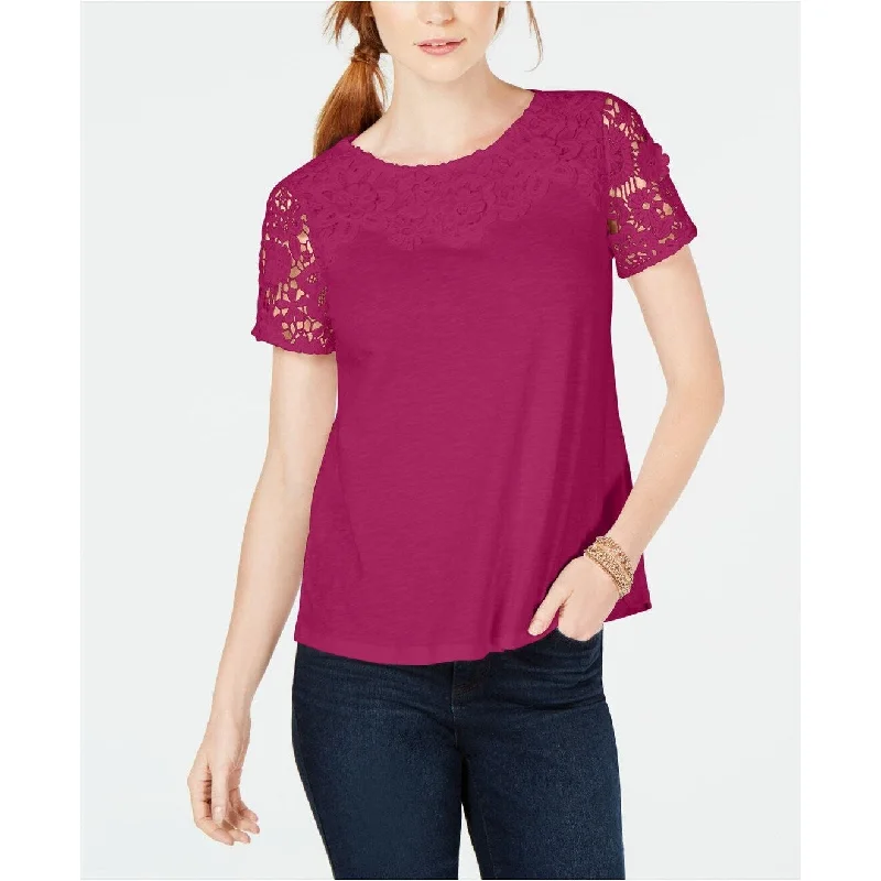 Charter Club Women's Cotton Lace-Embellished T-Shirt Fuchsia Size Small