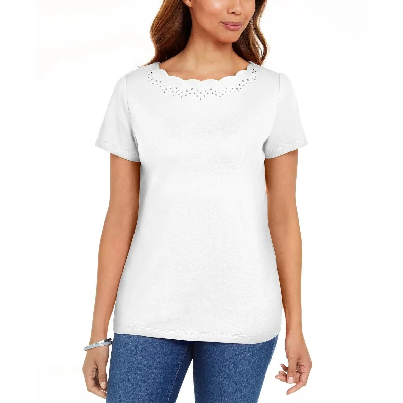 Karen Scott Women's Cotton Scalloped Neck T-Shirt White Size Small