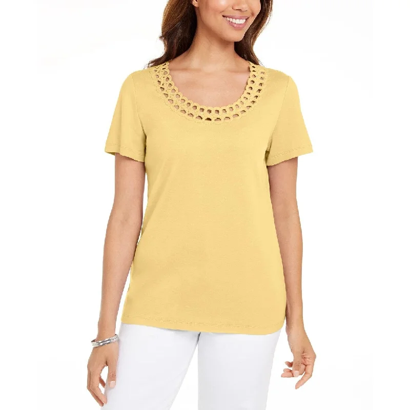 Karen Scott Women's Cotton Scalloped Neck T-Shirt Yellow Size Small