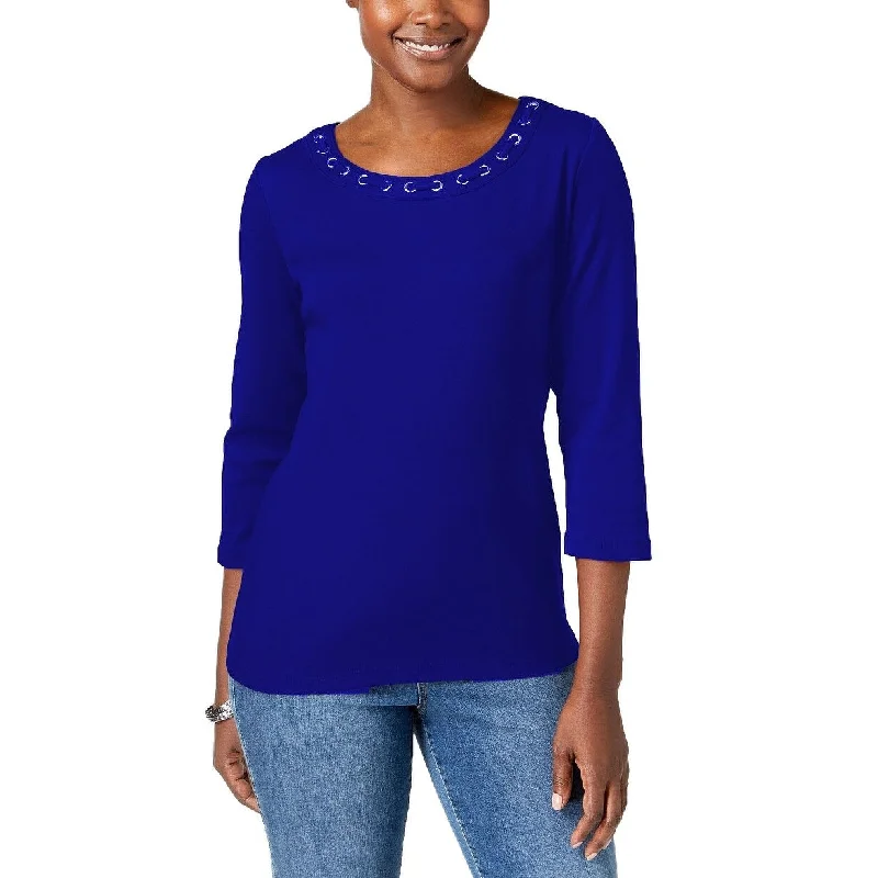 Karen Scott Women's Petite Cotton Grommet-Detail T-Shirt Blue Size Extra Large - X-Large