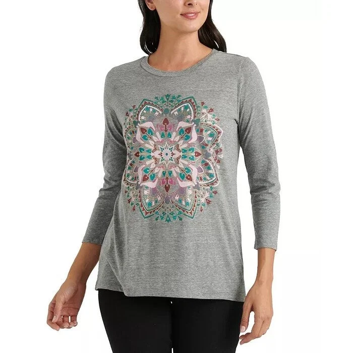 Lucky Brand Women's Mandala 3/4-Sleeve T-Shirt Gray Size Small