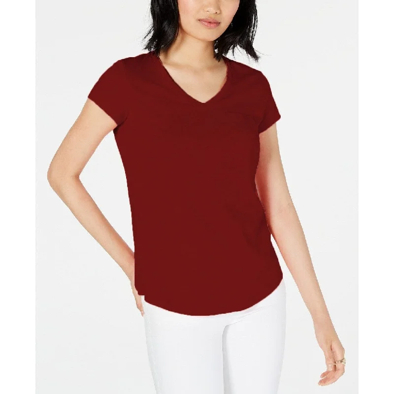 Maison Jules Women's V-Neck Patch-Pocket T-Shirt Wine Size Medium