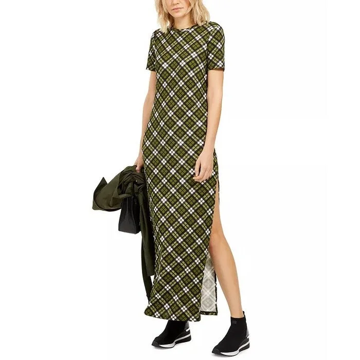 Michael Michael Kors Women's Plaid T-Shirt Maxi Dress Green Size Large