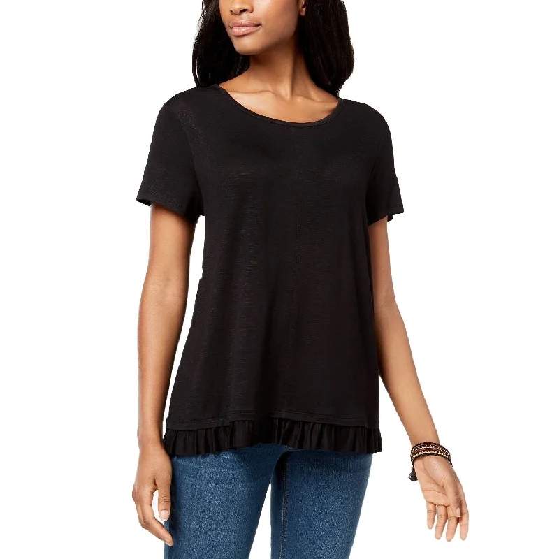 Style & Co Women's Ruffle Hem T-Shirt Deep Black Size Large