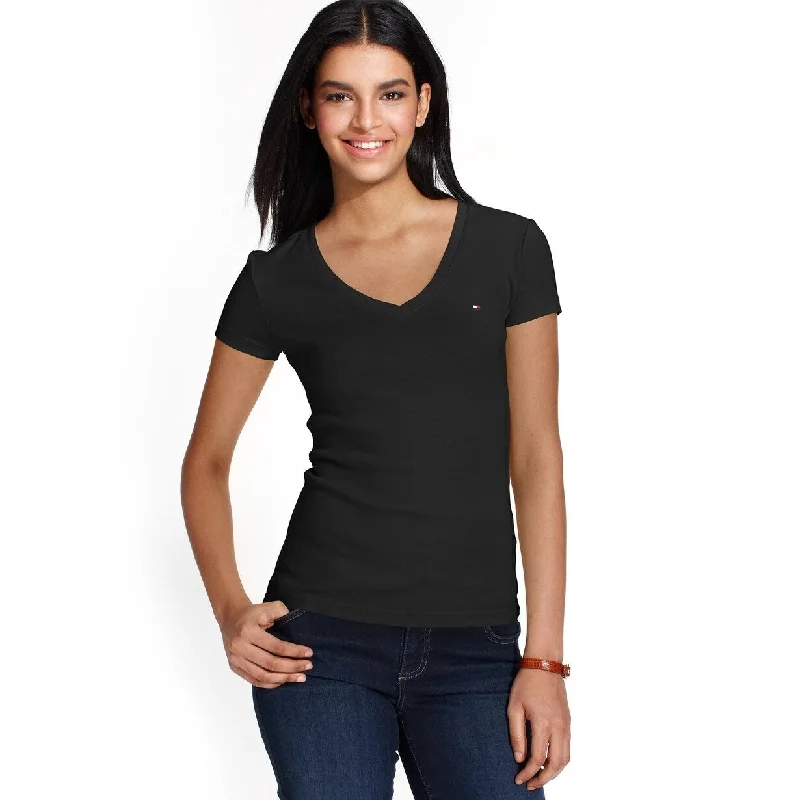 Tommy Hilfiger Women's V-Neck T-Shirt Black Size XX-Large