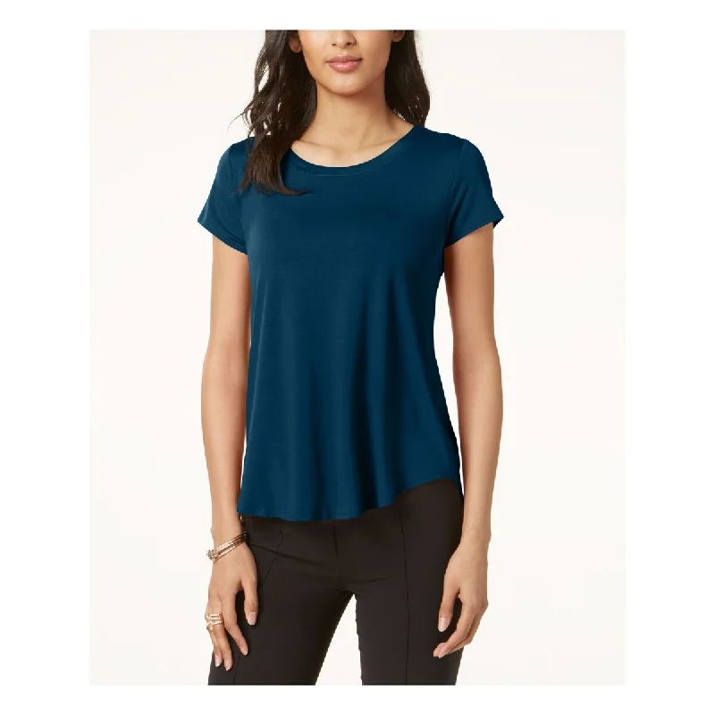 Alfani Women's Satin-Trim High-Low T-Shirt Blue Size Petite