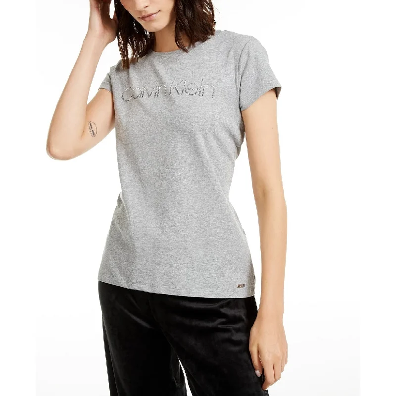 Calvin Klein Women's Studded-Logo T-Shirt Gray Size X-Small