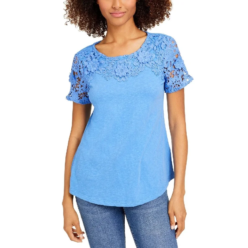 Charter Club Women's Cotton Lace-Embellished T-Shirt Blue Size Small