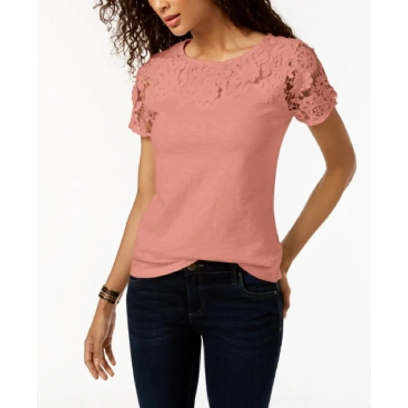 Charter Club Women's Cotton Lace Embellished T-Shirt Pink Size Large