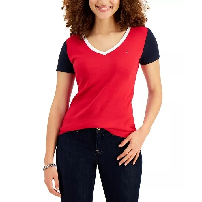 Tommy Hilfiger Women's Cotton Colorblocked T-Shirt Red Size Medium