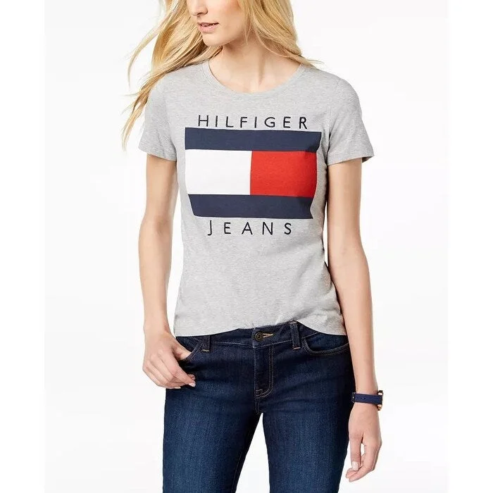 Tommy Hilfiger Women's Cotton Embroidered Logo T-Shirt Grey Size X-Small - XS