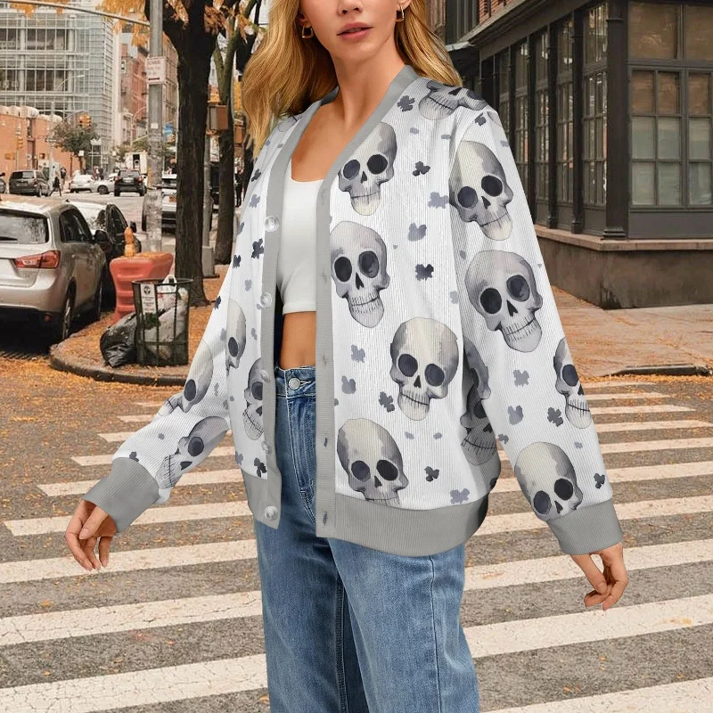 Greyscale Skulls Women's Ribbed Cardigan Sweater