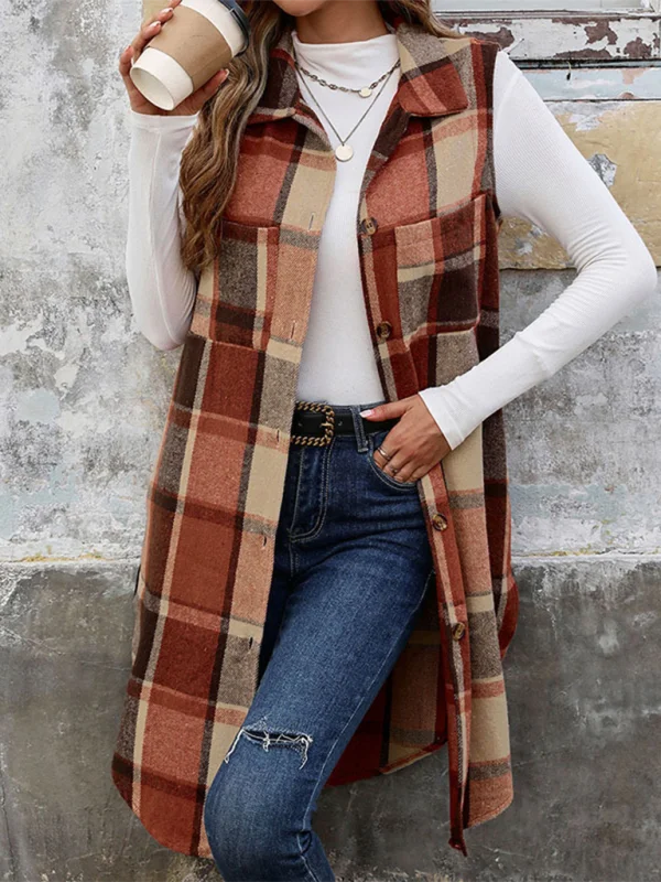 New Sleeveless Lapel Cardigan Jacket Retro Mid-Length Plaid Vest