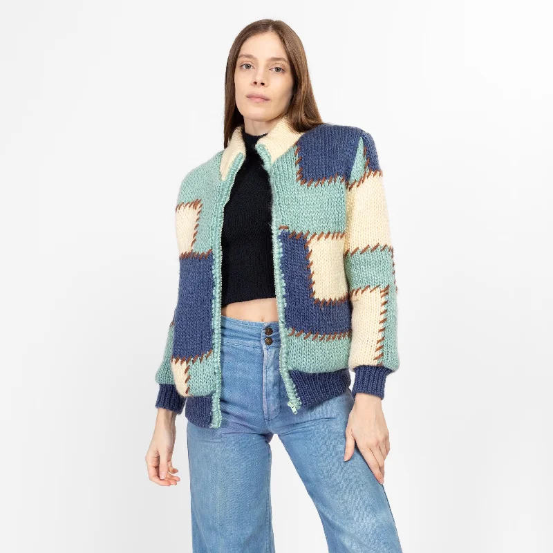 Sm-Med 80s Color Block Patchwork Knit Cardigan Jacket