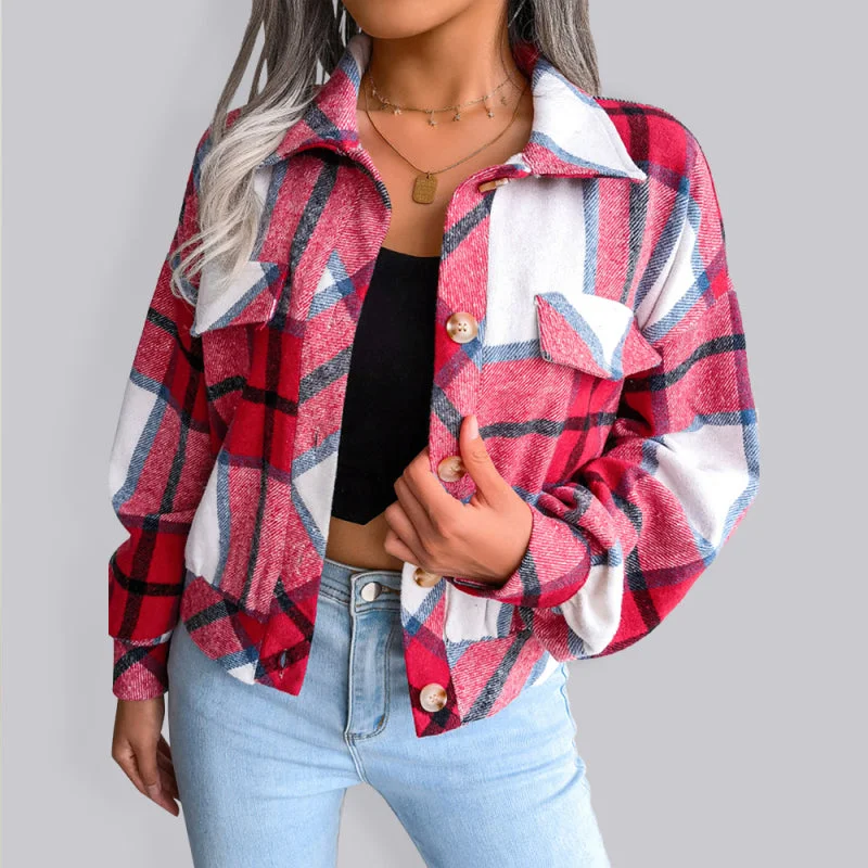 Women’s Thick Collared Plaid Flannel Cardigan With Button Front And Front Pockets