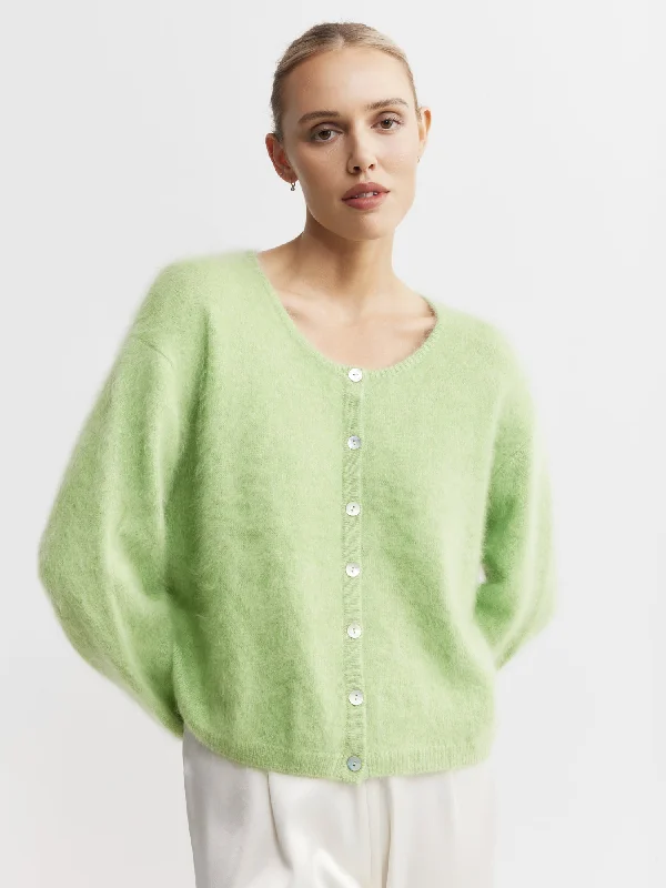 Brushed Cashmere Crew Cardigan - Green Melange