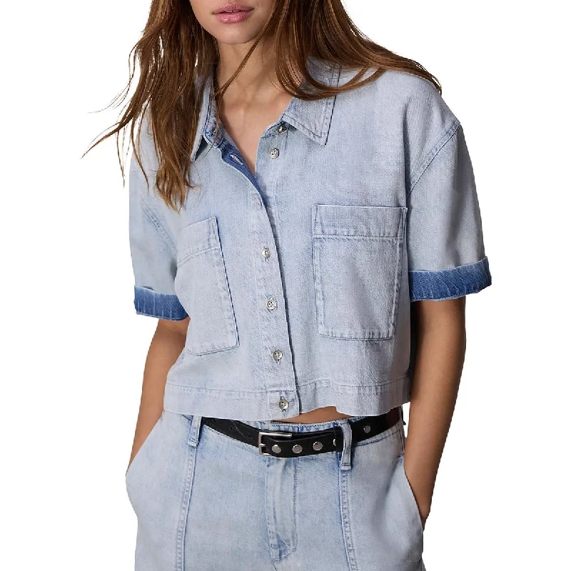 Womens Cotton Blend Cropped Button-Down Top