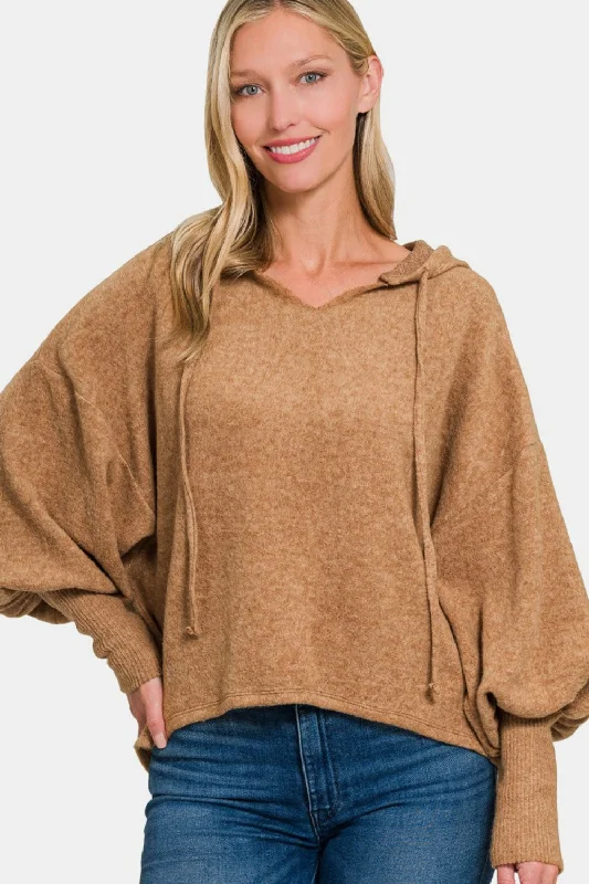 Cozy Camel Brushed Hacci Cropped Hoodie with Drop Shoulder